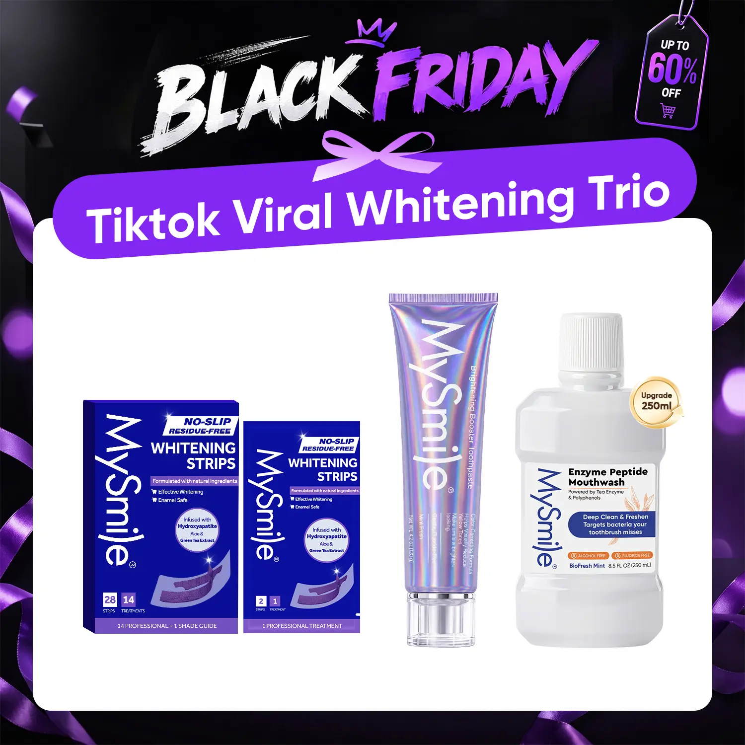 MySmile TikTok Viral Brightening Whitening Trio - Instant Color-Correcting Toothpaste, Non-Slip Purple Strips, Green Tea Gunk-Grabber Enzyme Mouthwash Bundle for Deep Oral Clean