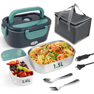 Electric Lunch Box Food Heater, 80W Portable Warmer for Car Truck Work with 304 Stainless Steel Container, 12V/24V/110V Green Heated Lunch Box Ideal for Driver Work Gift