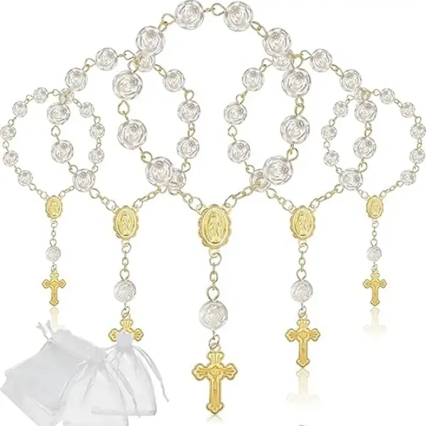 30 PCS Mini Rosaries Baptism Rosary Beads Finger Baptism Rosaries Bulk with Organza Bags for First Communion Christening Weddings Party Favors Gift for Her/Him (30pcs Cross + 30pcs Bags)
