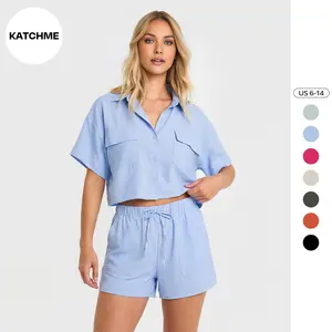 KATCH ME Women's Casual Solid Color Collared Flap Pocket Crop Shirt & Drawstring Waist Shorts, Summer Casual Wear, Basic 2 Piece Sets
