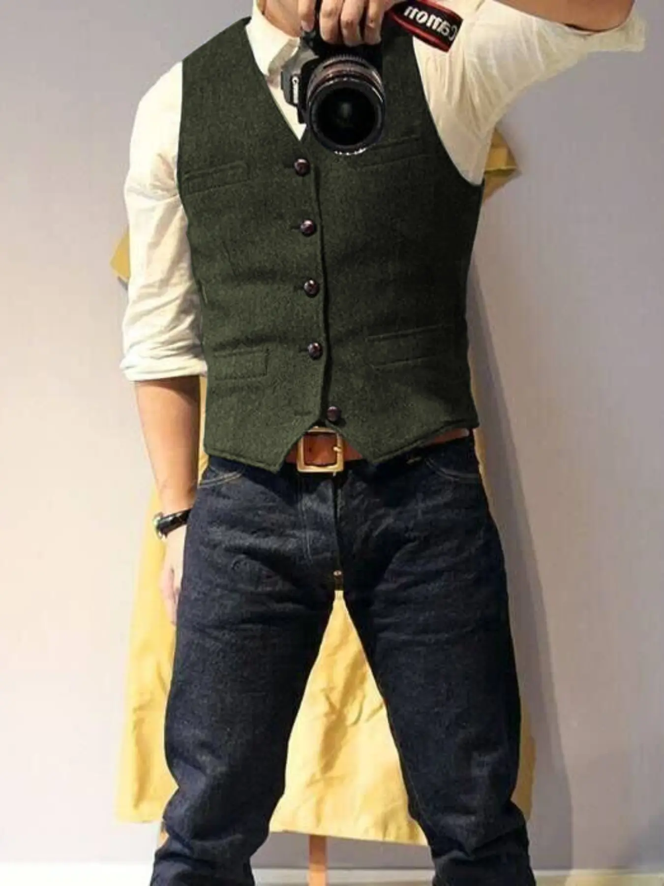 Men's Vintage V-Neck Tweed Vest, Herringbone Wool Retro Waistcoat, Suitable for Prom, Groomsmen, Ranch Get-Togethers and Formal Dinners
