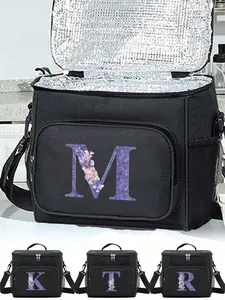Insulated Lunch Box Bag, Durable Lunch Bag, Multifunctional Insulated Bag, Shoulder Canvas Thermal Initial Name Purple Letter Flower Printing Large Capacity Tote Bag For Women's Portable Work Food Storage School Supplies Accessories Bag