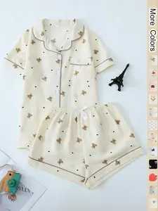 Two-piece Set Women's All Over Cherry Print Contrast Binding Lapel Shirt & Shorts Pajama, Casual Comfy Short Sleeve Button Top & Shorts Pj Set, Ladies Summer Matching Sleepwear, Pyjamas