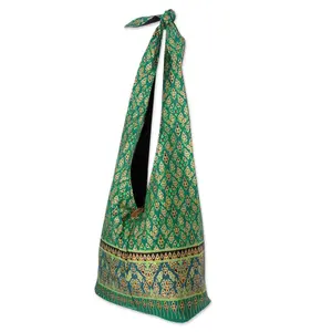 NOVICA Artisan Handmade Cotton Sling Tote Bag Crafted Handbag from Thailand Coconut Shell Green Patterned 'Royal Thai Emerald'