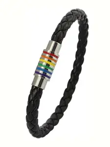 Titanium Stainless Steel Rainbow Lgbt Pride Bracelet, Handwoven Lgbtq Pride Bracelet, PU Leather Woven Band Jewelry, All Seasons Casual Style
