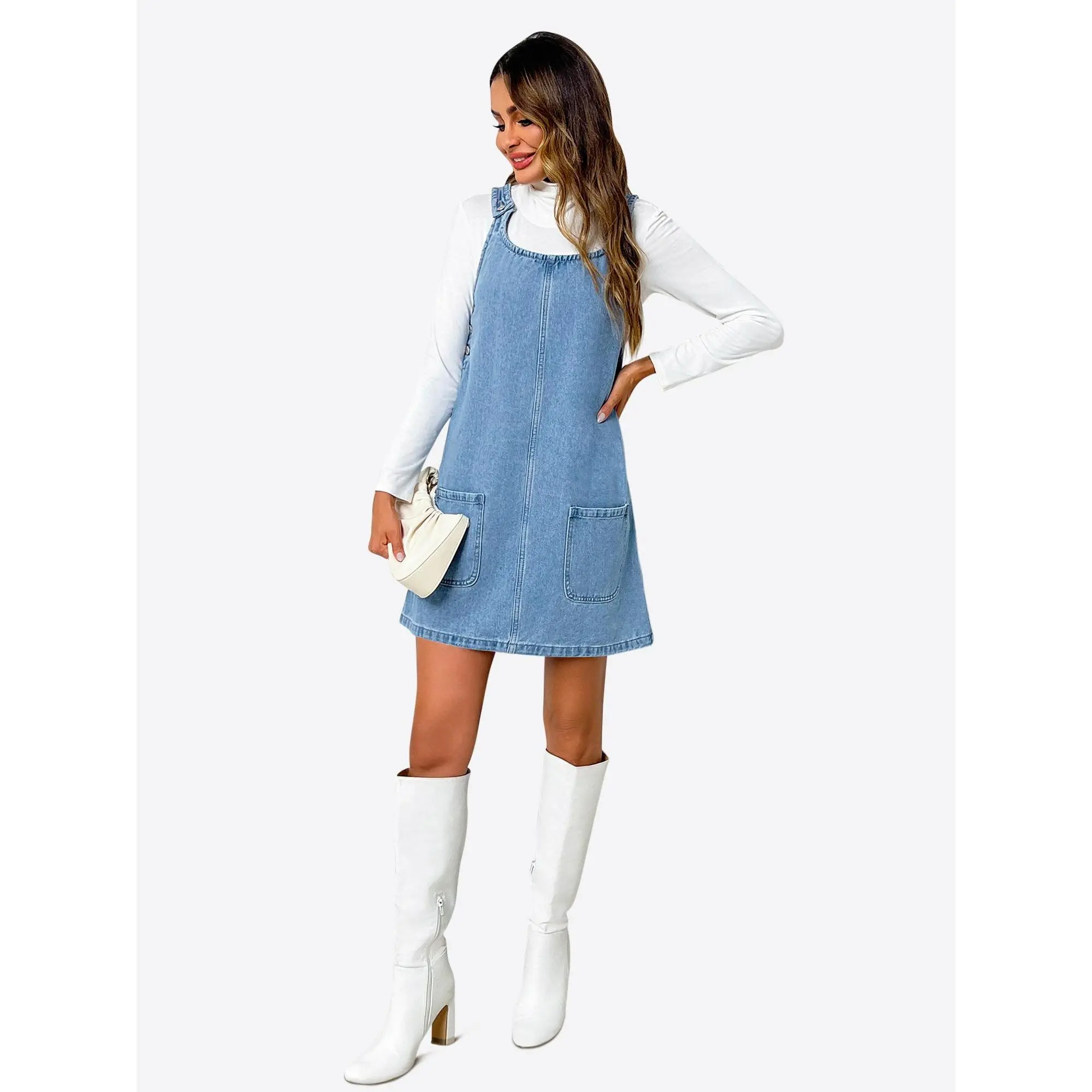 Women's Casual Denim Overall Dress, Sleeveless Loose Fit Style with Pockets, Vintage Crew Neck Pinafore for Going Out, Lady, Basic, Everyday, Denim Fabric, Multi-Size, Pocketed, Pinafore Charm