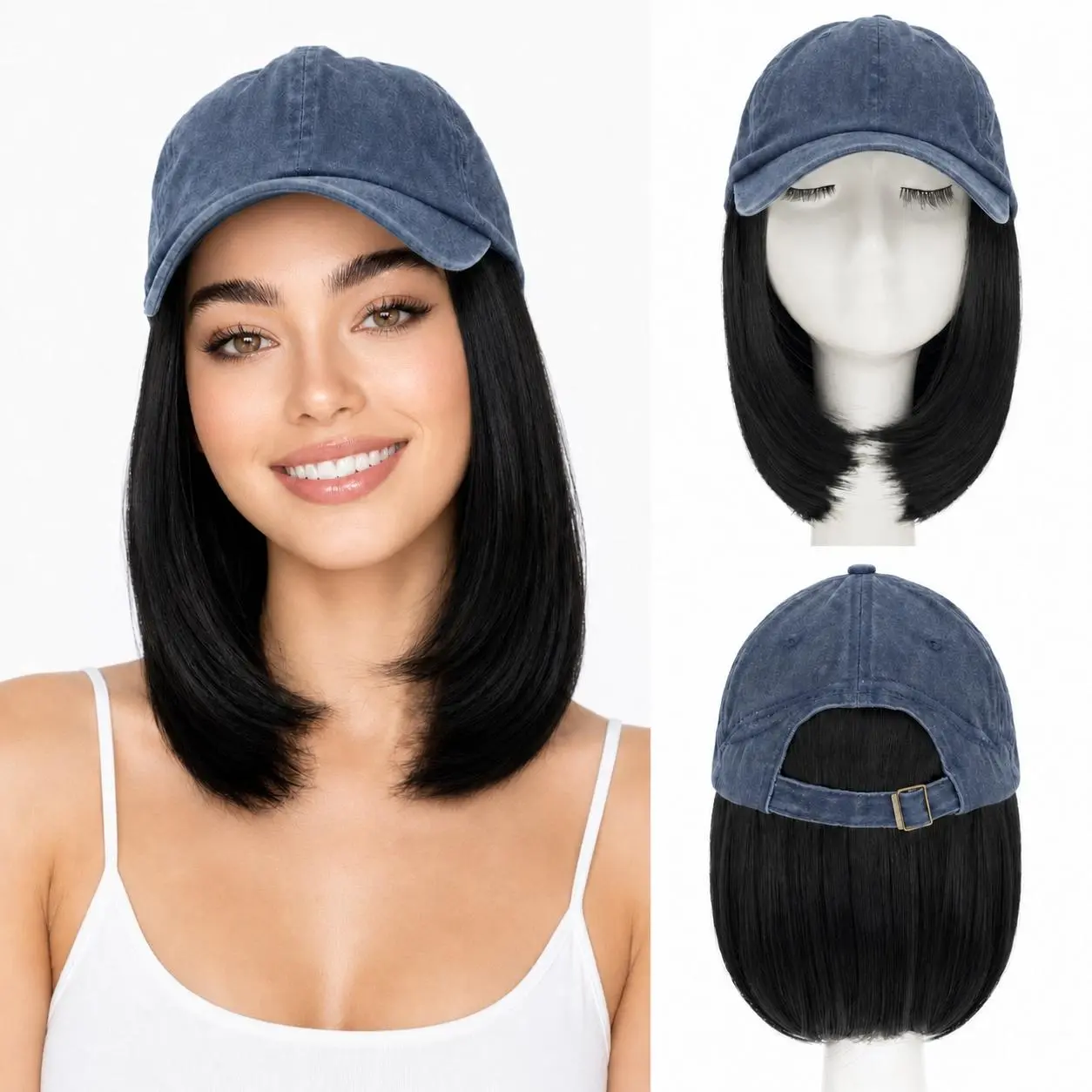 SEGOHAIR Women's Cap Wig with Hair, 6 Inch Short Straight Hairstyle, Heat Resistant Synthetic Fiber, Adjustable Blue & green Baseball Cap Hair Wigs,