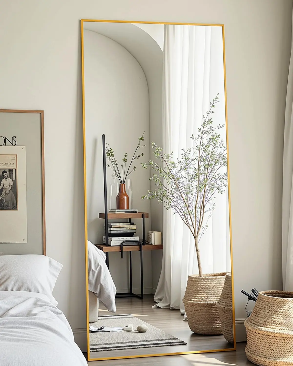 Full Length Floor Mirror with Stand, 55-67" Large Full Body Mirror, Slim Aluminum Frame, Freestanding or Leaning, Modern Rectangular Mirror for Bedroom & Living Room