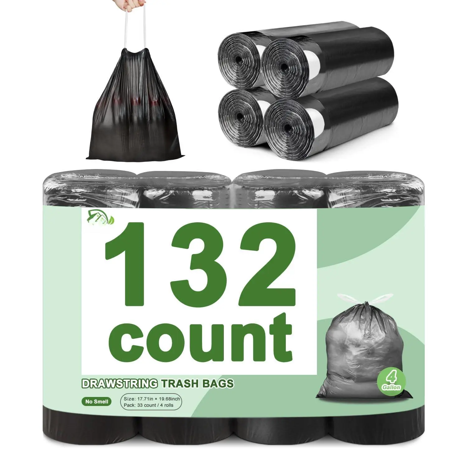 132 Count-small Trash Bags 4 Gallon Bag Drawstring Black Bathroom Garbage Tear-free Plastic Wastebasket Liners For Toilet Home Office And Bedroom