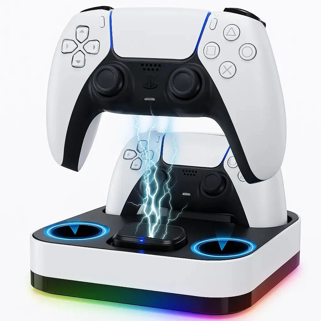 【2026New】 PS5 Dual Controller Charging Dock with RGB Lights – Fast Charge for 2 Controllers, Always Ready to Play Protection Compact controller grips