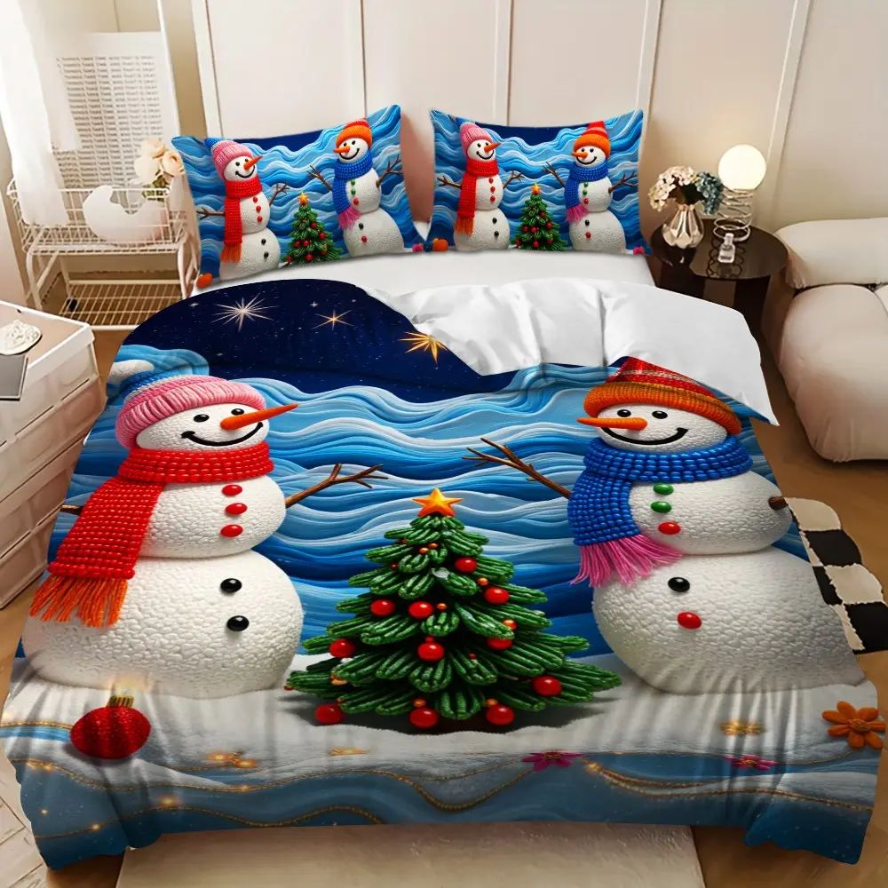 Bedding 3-piece set - 3PCS,Merry Christmas! Blue, white and red snowman and Christmas tree design down comforter set (1 comforter cover + 2 pillowcases, filling not included).soft and comfortable, suitable for family bedrooms.