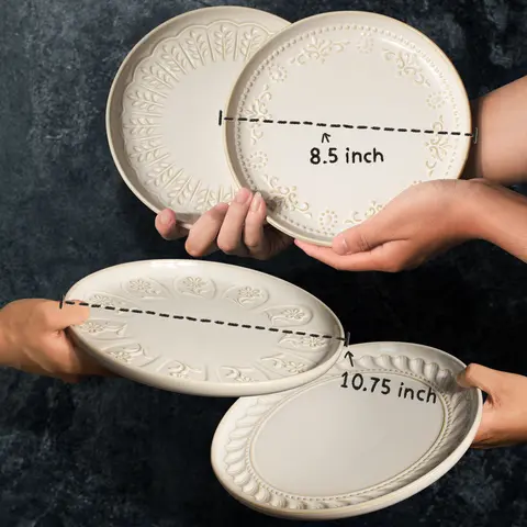 Artena Embossed Ceramic Pottery Plates - 2pcs Round Damask Flower Salad Serving Plates, 8.5/10.75in Lip Edges, BPA-Free, Microwave & Dishwasher Safe, Christmas Perfect Gift for Household Use