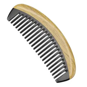 Buffalo Horn With Handmade 100% Natural Green Sandalwood Hair Combs - Anti-Static Sandalwood Scent Natural Hair Detangler Wooden Combs (Buffalo Horn Oval Wide Tooth)