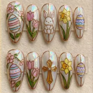 Stained Glass Easter Press On Nails, Cross, Bunny, Iridescent Aurora Luxury Nails
