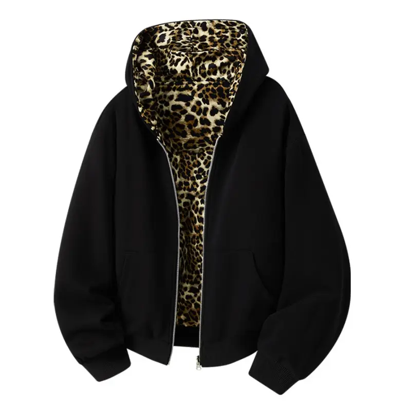 Fashionable streetwear two-way wear hooded sweatshirt; unisex heavyweight loose-fit color-block matching jacket; double-sided leopard-print hooded cardigan sweatshirt; spring/autumn loose, trendy, versatile outerwear. Womenswear Colorful