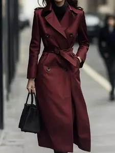 Women's Classic Double-Breasted Belted Windbreaker Trench Jacket, Casual Outdoor Work Business Wear, with Waistband and Lining, Fall & Winter