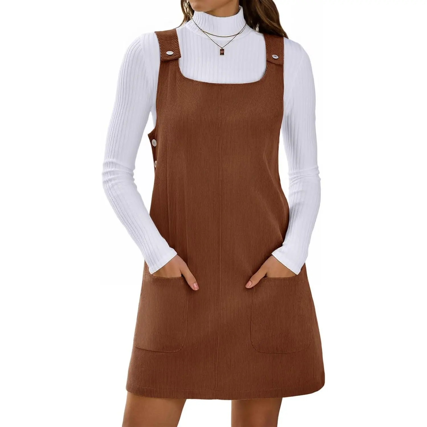 Yousify Women's Casual Soft Corduroy Square Neck Sleeveless A-Line Above-the-Knee Mini Dress - Waist Detail, Pockets, Solid Design, Sleeveless Freedom, Apricot Basic Minimalist Womenswear