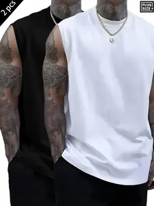 Men's Plus Size 2-Pack Solid Color Graphic Sleeveless Tank Tops, Oversized Casual Muscle Shirts for Summer, Gym, Workout & Daily Wear