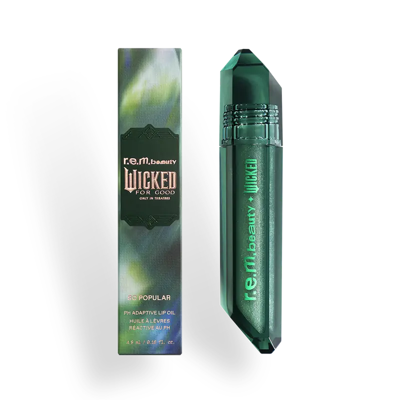 r.e.m. beauty x Wicked: For Good So Popular pH Adaptive Lip Oil - shifts to shade of pink, high-shine, infused with squalane, iridescent shimmer