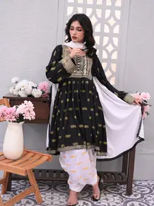 3-PC Embroidered Black & White Printed Dhanak Dress