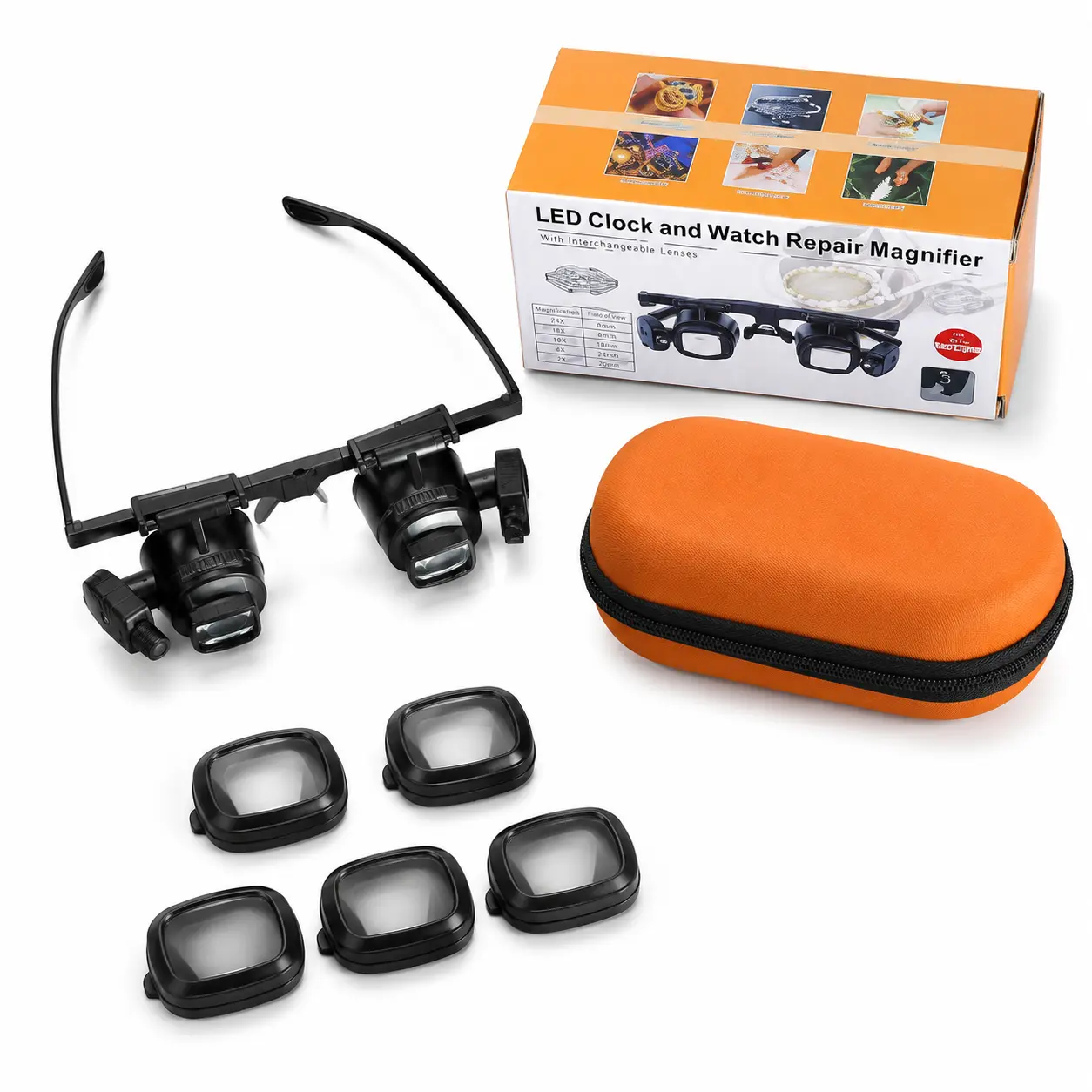 Unisex One Size Head-Mounted Acrylic Magnifying Glasses (ca) - 2x-24x Magnification, LED Light, Portable ABS Plastic Accessories, Repair Tools, for Outdoor Camping, Father’s Day Gifts (18+ Years)