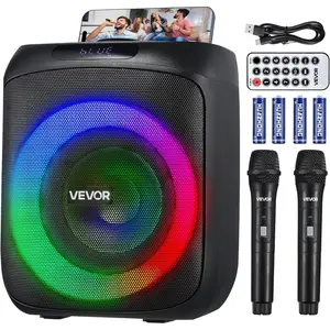 VEVOR Karaoke Machine for Adults, 30W, 6.5-inch Portable Bluetooth Speaker with 2 Wireless Microphones, LED Light, TWS Function, Handle, Support Micro TF Card, USB, AUX, for Home Karaoke Party Singing