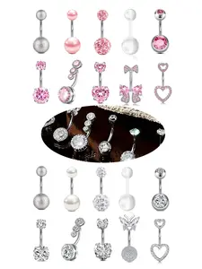 5 Counts Stainless Steel Belly Rings, Zirconia Paved Navel Piercing Jewelry, Heart Design, Unisex Body Piercings Gift, Belly Button Jewelry