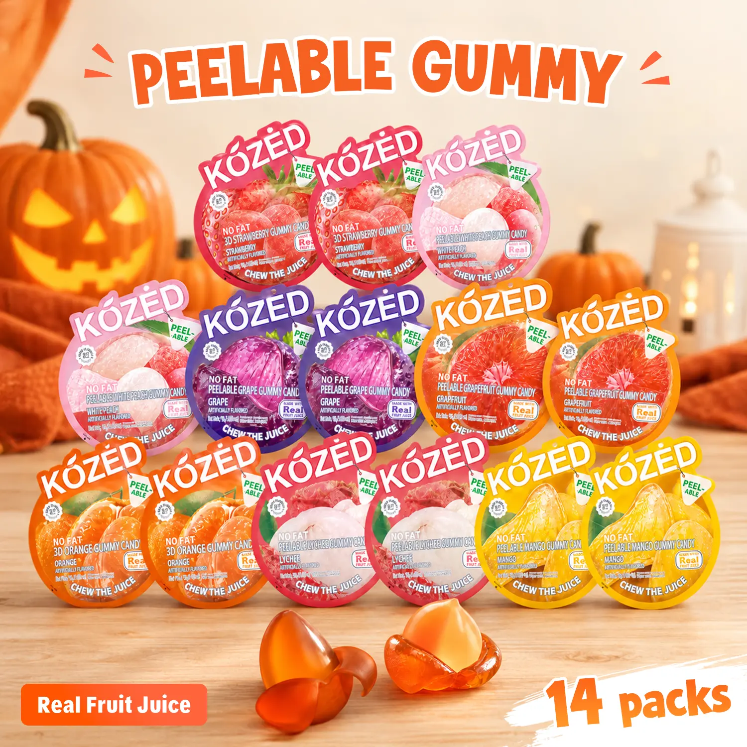 Kozed Peelable Gummy Candy 7 Mixed Flavors Variety Pack Fun Fruity Roll Party Snack Chewy Sweet Treat with Juicy Flavor Halal Certified Safe Quality Checked Bonbon Assorted,Halloween Party Favors, Goodie Bag Stuffers