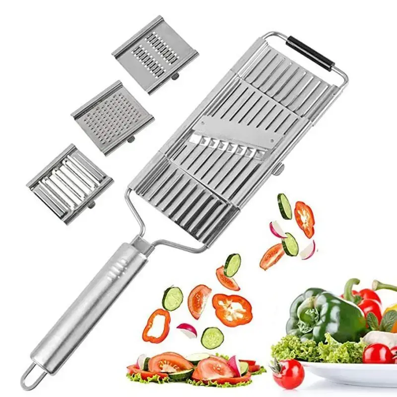 Silvery Multi-functional Stainless Steel Vegetable Slicer with Adjustable Blade, Cheese Grater, Comfort Grip, Safety Features, Easy Cleaning - Kitchen Utensil for Carrot Grating, Cabbage Shredding, Cucumber Slicing