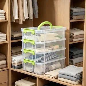 Rectangle Stackable Transparent Plastic Storage Organiser Box with Large Capacity, Cover, Handle, Separate Drawer for Building Blocks, Stationery - Ideal for Home, Office Organization