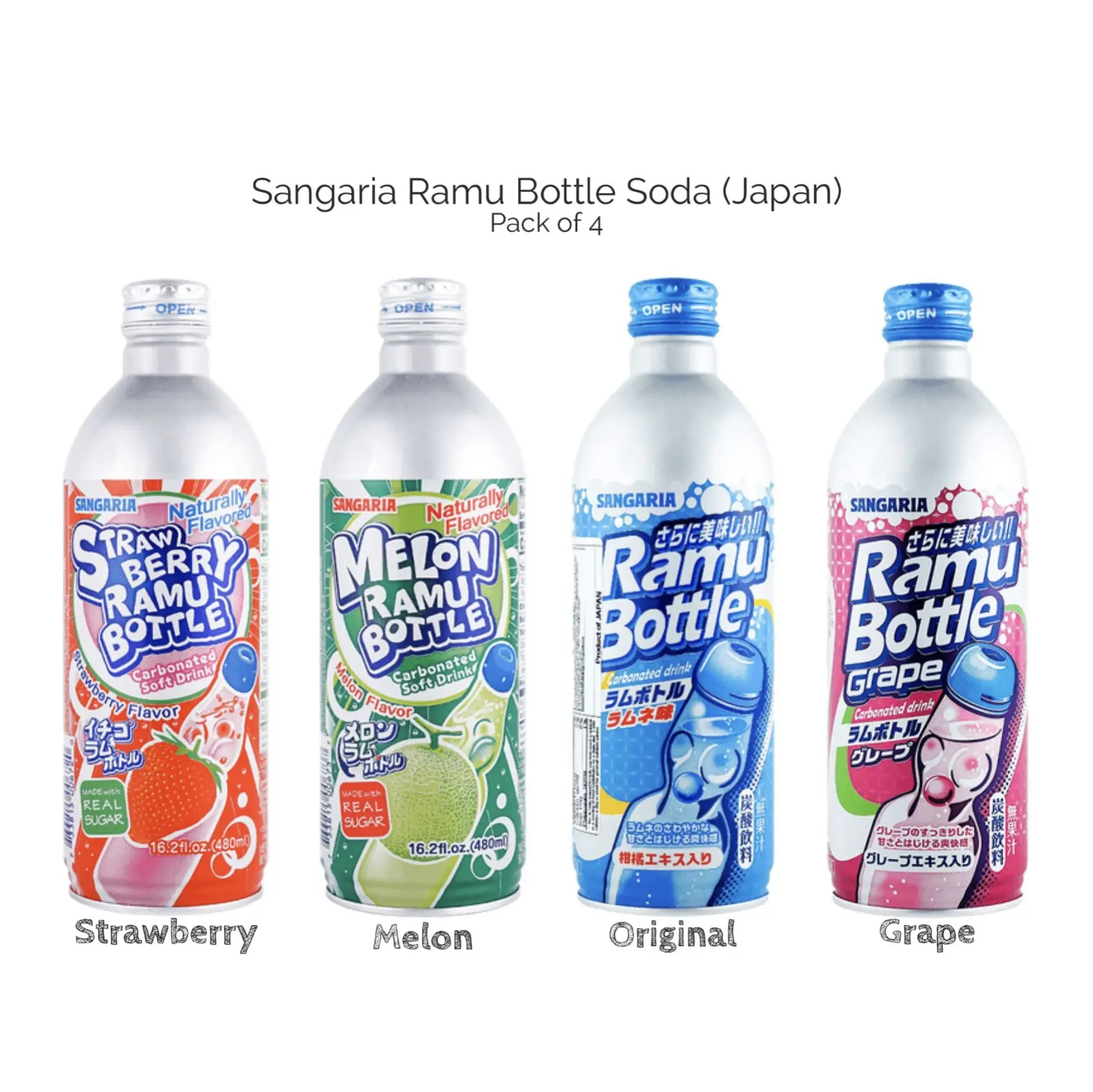 Sangaria Ramune Bottle Soda (Japan) 16.2 oz | Strawberry, Melon, Original, Grape