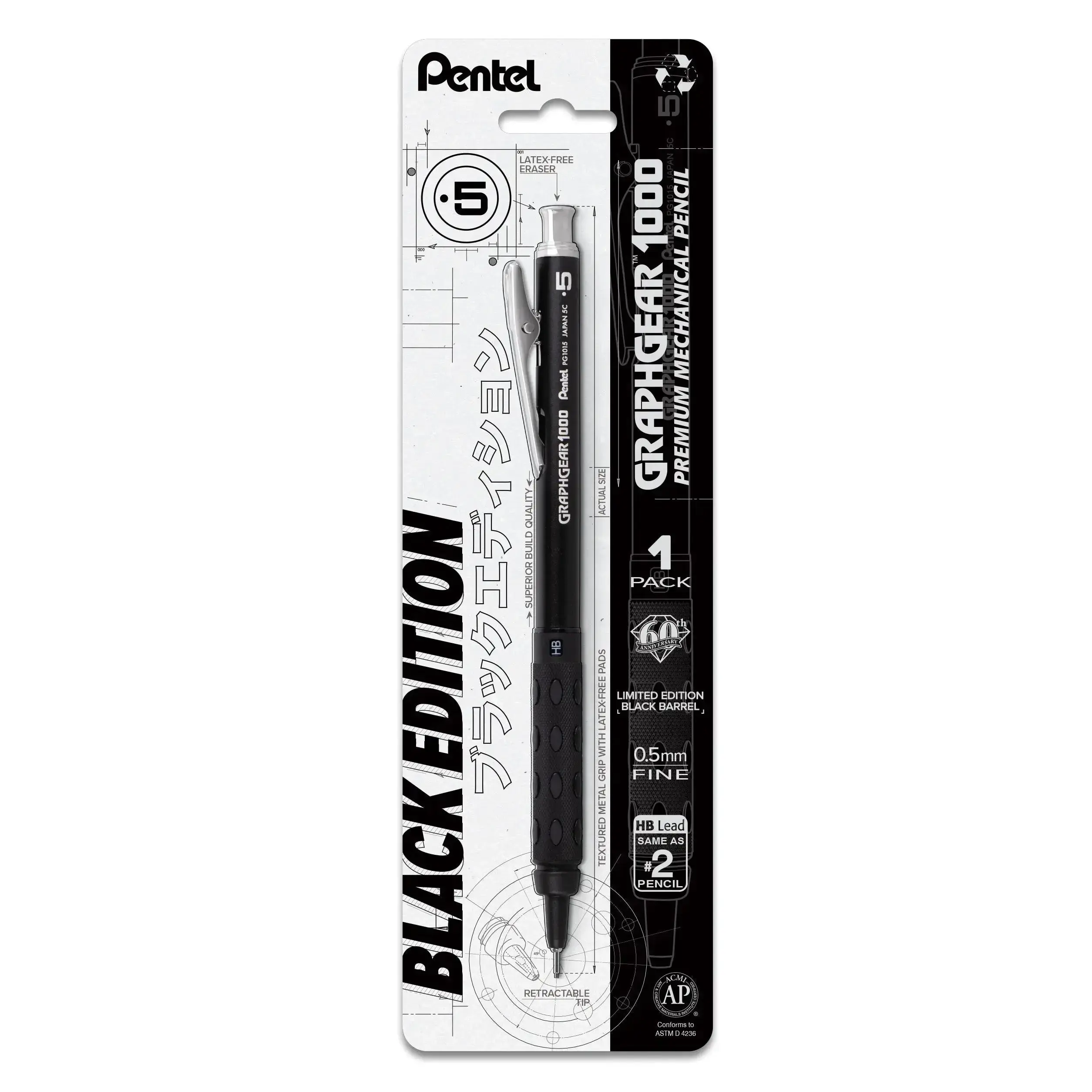 Pentel GraphGear 1000 Limited Black Edition Drafting Mechanical Pencil - 0.5mm Fine-Tipped, 1-Pk for Office Stationery & Writing Tools, Mechanical Pencils, Fine-Tipped Pencils
