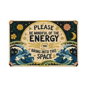 1pc 12×8 Inch Please Be Mindful Of The Energy You Bring Into This Space Metal Tin Sign, Boho Mystical Aluminum Wall Decor, Pre-drilled Spiritual Positive Affirmation Wall Art for Home Office, Mindfulness Gift
