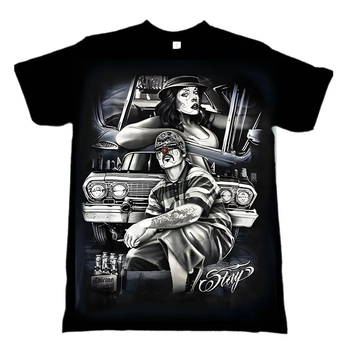 Stay Cholo LowRider Casual Fashion Short-Sleeve Round Neck Streetwear Cotton T-Shirt - Hand or Machine Washable, Ideal for Daily Life & Summer, Versatile with Jeans & Beach Shorts, Great Gift Option, Shortsleeve, Top, Tshirt, Daily Wear, Black, Menswear,