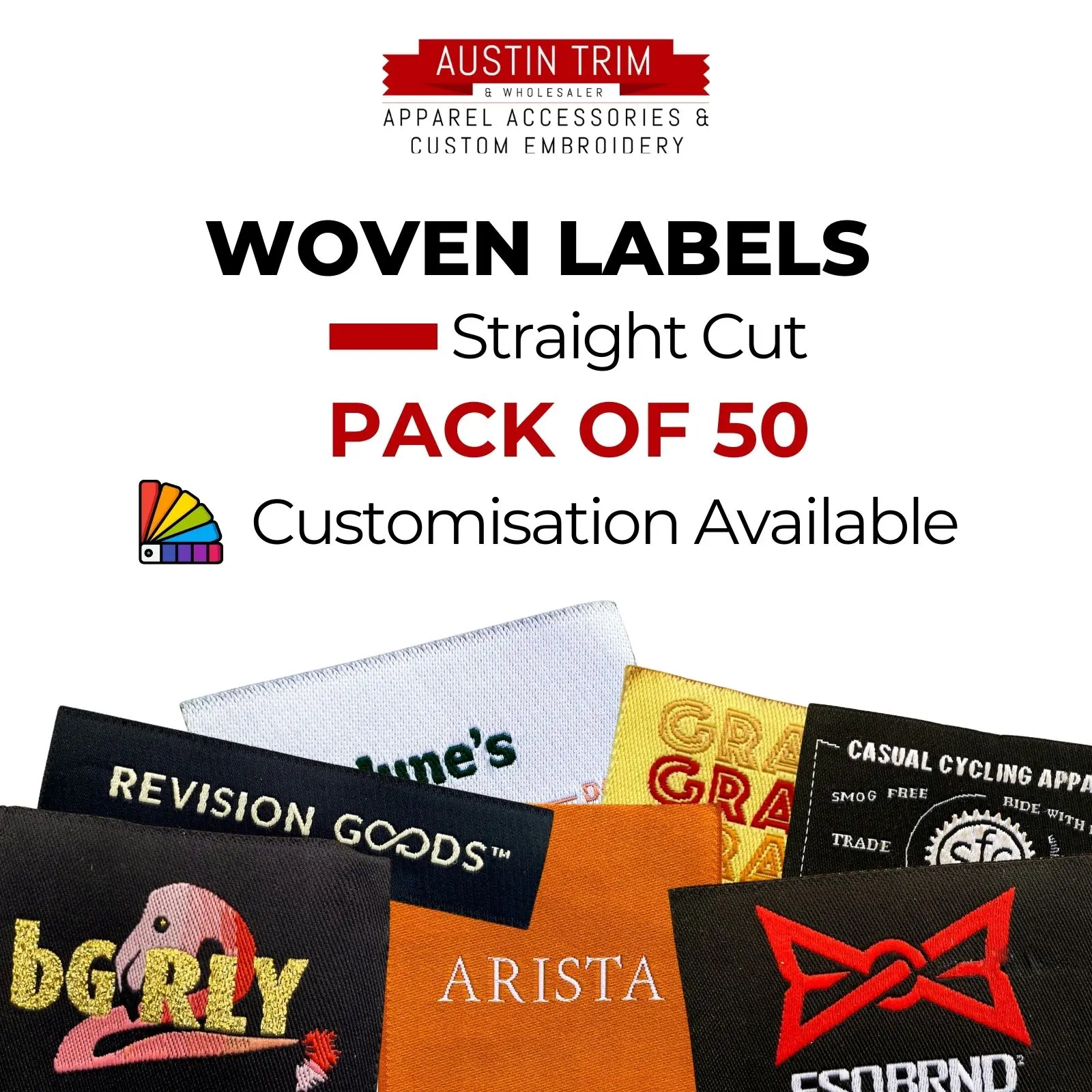 Personalized Quality Woven Labels Wholesale By Austintrim, Straight Cut Cotton 50-Pack, 2 x 2 Size