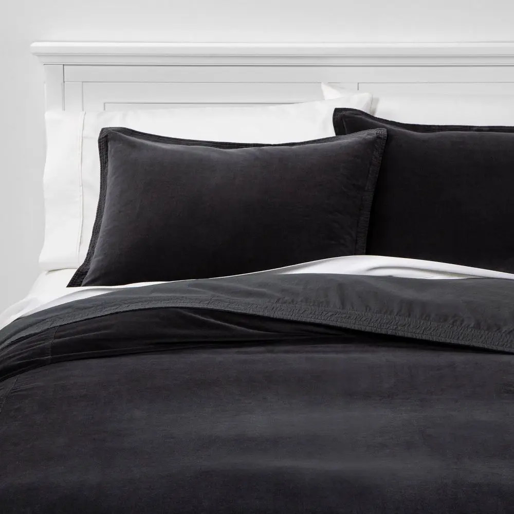 Threshold Velvet Cotton King Duvet Cover and Sham Set (Set Includes 3), Dark Gray, Bedroom Decor - Luxurious Year-Round Use Fabric, Hidden Buttons Closure