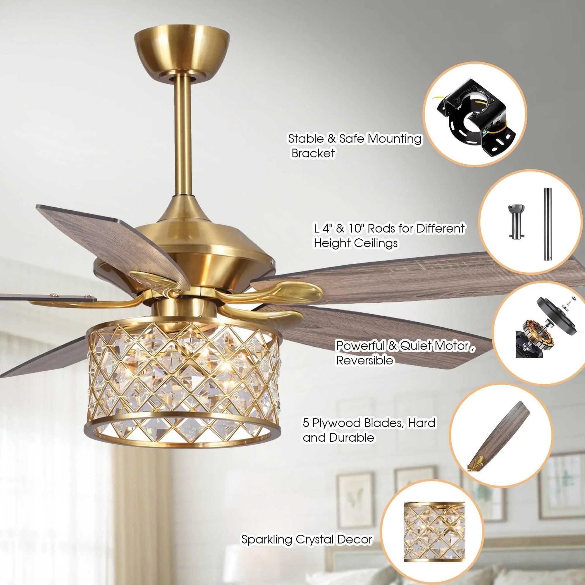 Luxurious 52-Inch Gold Ceiling Fan with Dimmable LED Light & Remote Control | Modern Elegant Home Decor