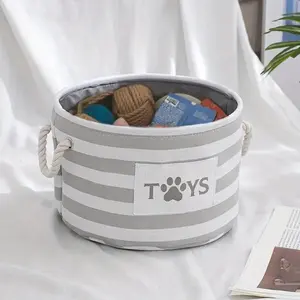 Striped Foldable Pet Toy Basket with Woven Rope Handle, Dog Toy Storage Box for Accessories and Supplies, Collapsible Storage Baskets, Portable Storage Basket, Carrying Basket