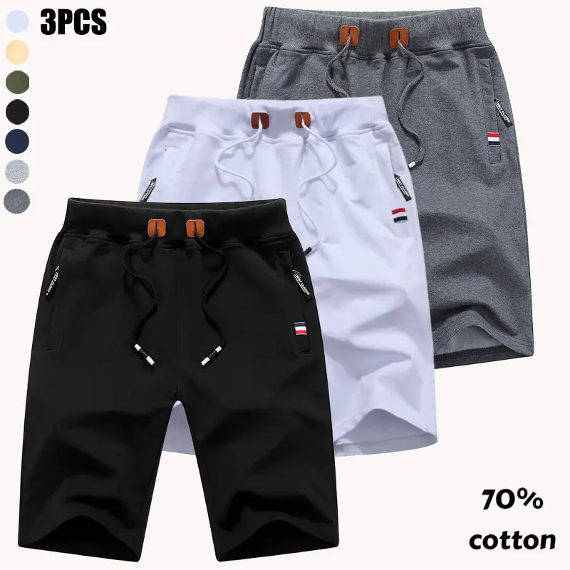 3-pack men’s sleep shorts, cotton casual shorts with zippered pockets and drawstring, breathable home shorts, sports fitness shorts
