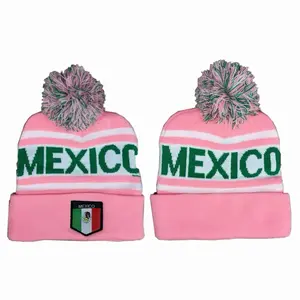Beanie Mexico Pink with Green Text and Pom-Pom for Winter Wear