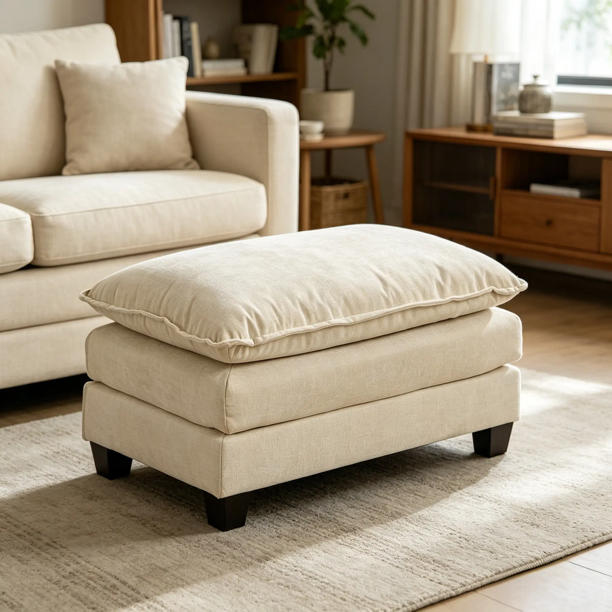 Modern Cloud Sofa Ottoman Upholstered Cushion Stool, Chenille Fabric Seat with Double-Layer Cushion, Breathable Indoor Storage Furniture for Living Room Footrest, Upholstered Cushion Stools Footstool