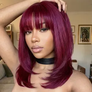 Unice Layered Blowout 99J Burgundy Sleek Bob wig with Wispy Bangs Shoulder Length Wine Red Fringe Bob Human Hair Wigs with Drawstring Machine Made Wig