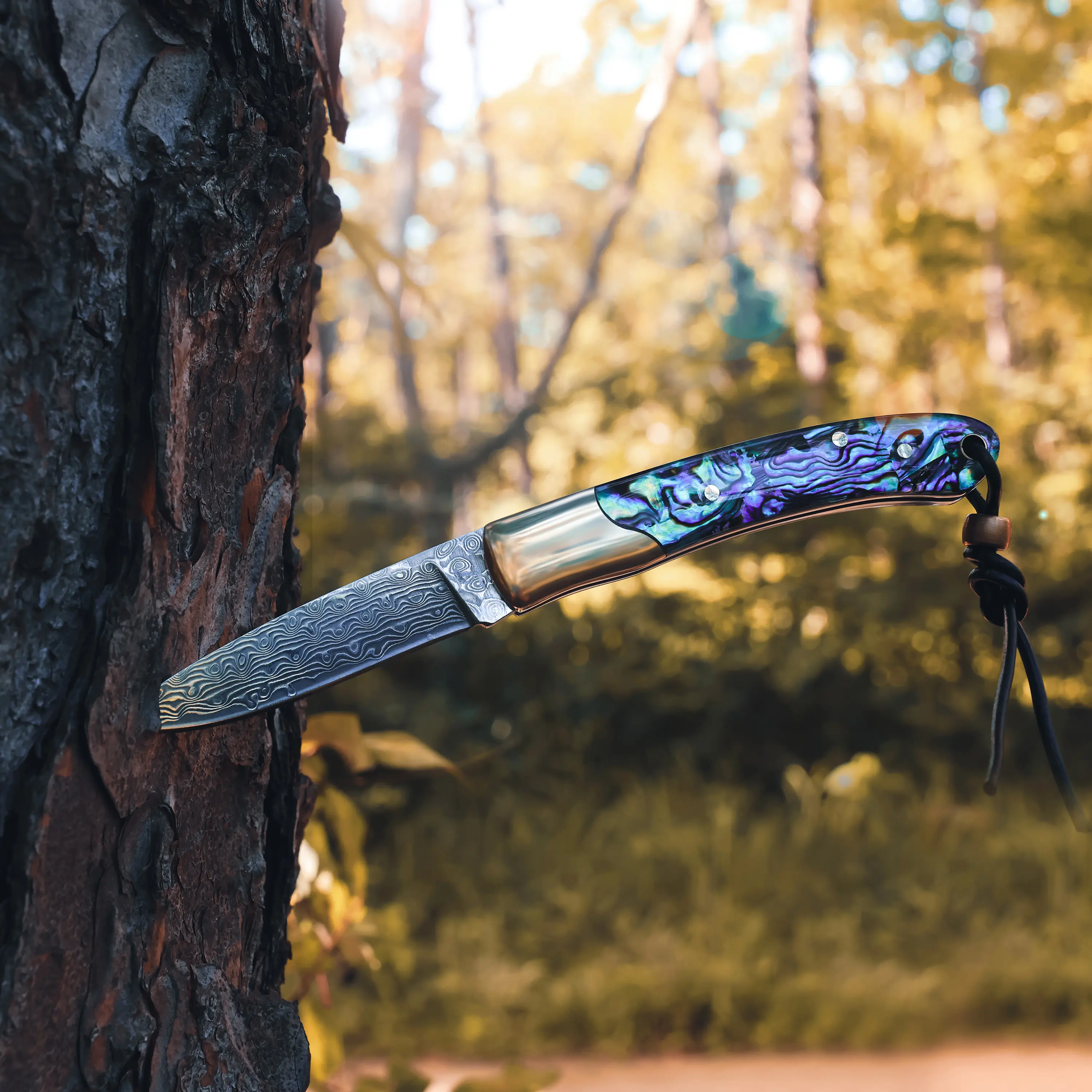 JoyRaining-Shine/Connection Handmade Damascus Pocket Knife - Stunning Natural Abalone Shell/Wooden Handle, Folding Knife with Polished Copper Bolster - Non-Locking Slip Joint Gentleman's Tool - Elegant Gift for Women/Elder tiktokshopbacktoschool