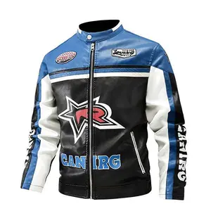 Men’s Racing Leather Jacket in Blue/Black/White Colorblock – Motorcycle Jacket with Racing-Style Design and Streetwear Branding