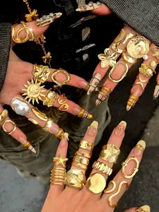 Elegant Geometric Knot Star Sun Faux Pearl Layered Metal Ring Set, Unique Statement Stackable Rings, Vintage Style Jewelry, Perfect for Parties Dates Gifts