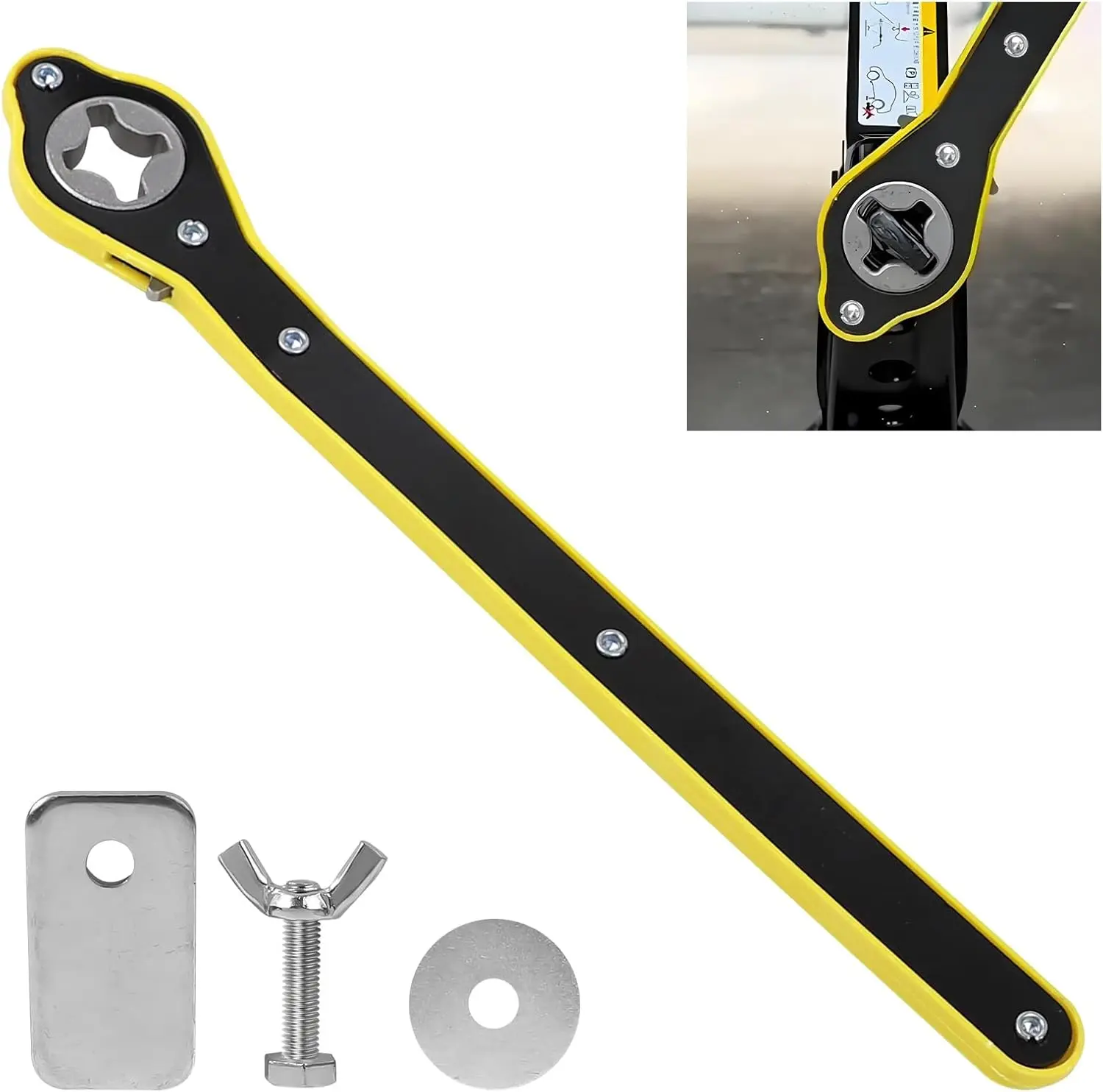 Heavy-Duty Steel Ratchet Wrench Handle - 2-in-1 Scissor Jack Operating & Lug Nut Removing Tool, Compact Speed Handle with Bidirectional Rotation, for Vehicle Outdoor Travel & Garage Tire Repairs, Easy Storage, Vehicle Owners