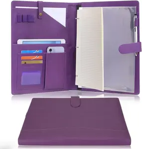A4 PU Leather Portfolio Holder Ring File Document Case with Removable Binder Clipboard, Multi Pocket and Legal Pad for Business Organizer Interview and Meeting (Purple)