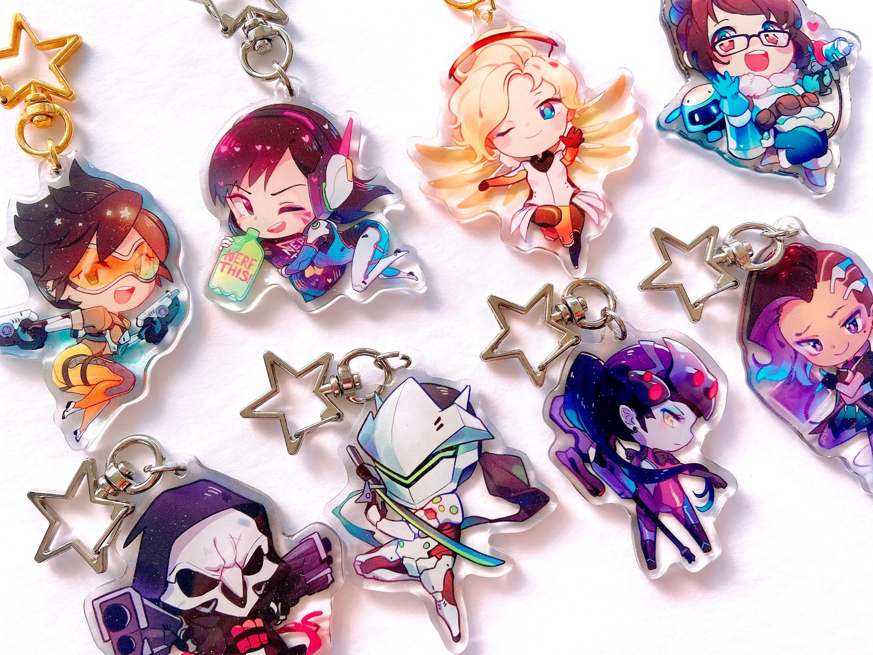 Overwatch Charm Acrylic Keychains - Mercy Sombra Widowmaker Genji Reaper Mei Dva Tracer - Kawaii Keyrings Birthday Gifts – Cute Acrylic Keychain Charms, Perfect Gift for Fans & Collectors