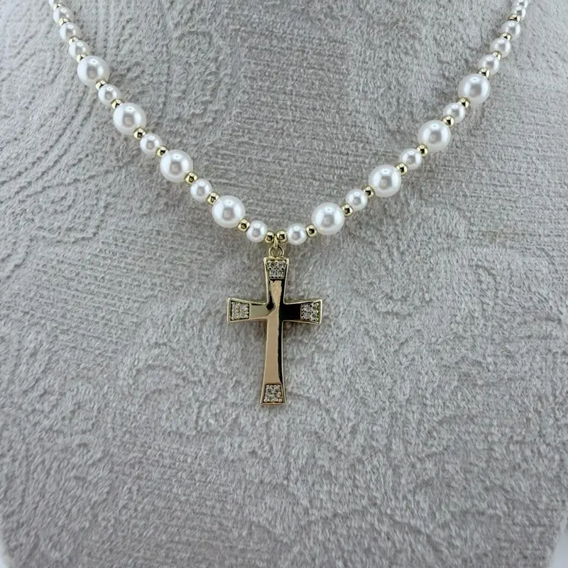 XP Jewelry 14k Gold-Plated Cross Necklace with Pearls