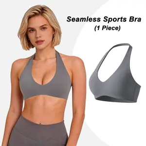 HALO SOFTMOTION Seamless Halter Neck Sports Bra Open Back Padded Low Impact Fitness Gym Bralette Soft Workout Activewear Top